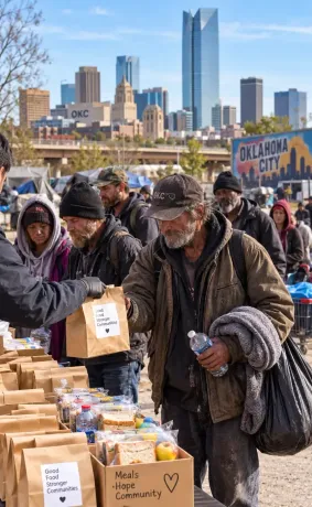 People receiving food at an outdoor aid table with a city skyline in the background.