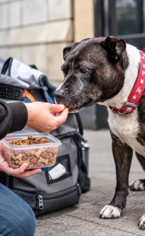 Black-and-white dog eating a treat from a person’s hand beside a container of kibble