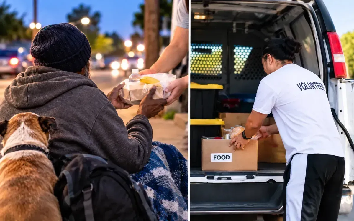 Person handing a box to a van volunteer while sitting with a dog; another delivery scene at dusk.