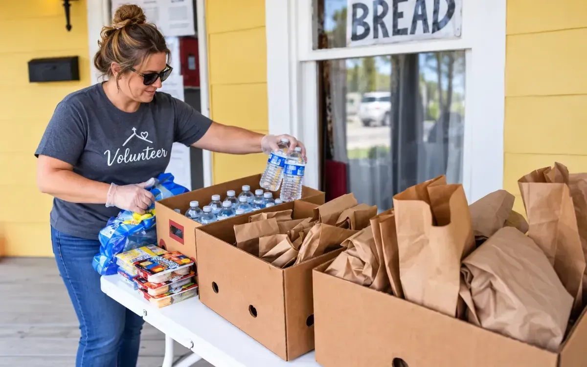 Volunteer in sunglasses organizes water bottles and brown bags on a table outside a yellow building with a "BREAD" sign.