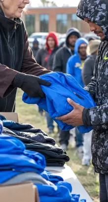 Volunteers handing out blue jackets to people in line outdoors