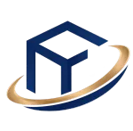 Blue geometric logo with a gold and navy swoosh on a white background