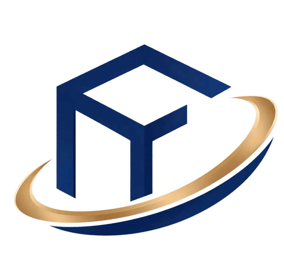 Blue geometric cube logo with a gold swoosh on a white background