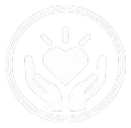 Hands cradling a heart with radiating lines inside a circular outline, symbolizing care and support