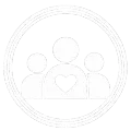 Simple line icon of a family with a heart in the center, inside a circular outline