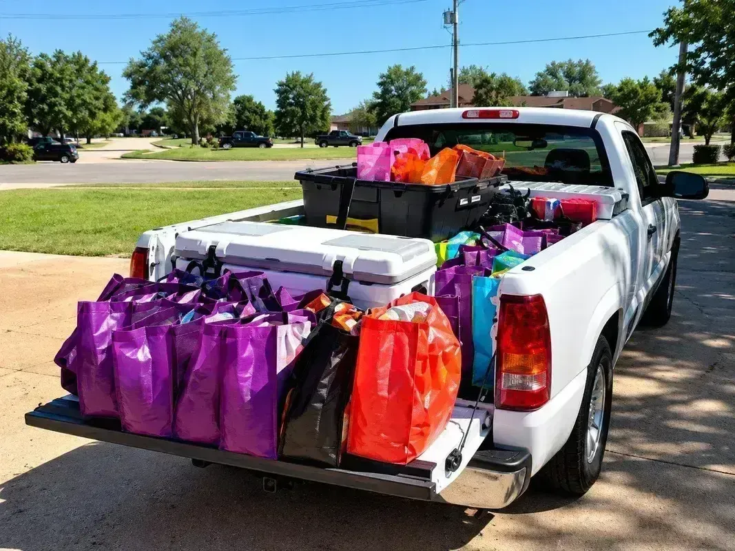 Pickup truck bed packed with tote bags of food and supplies ready for a street outreach run