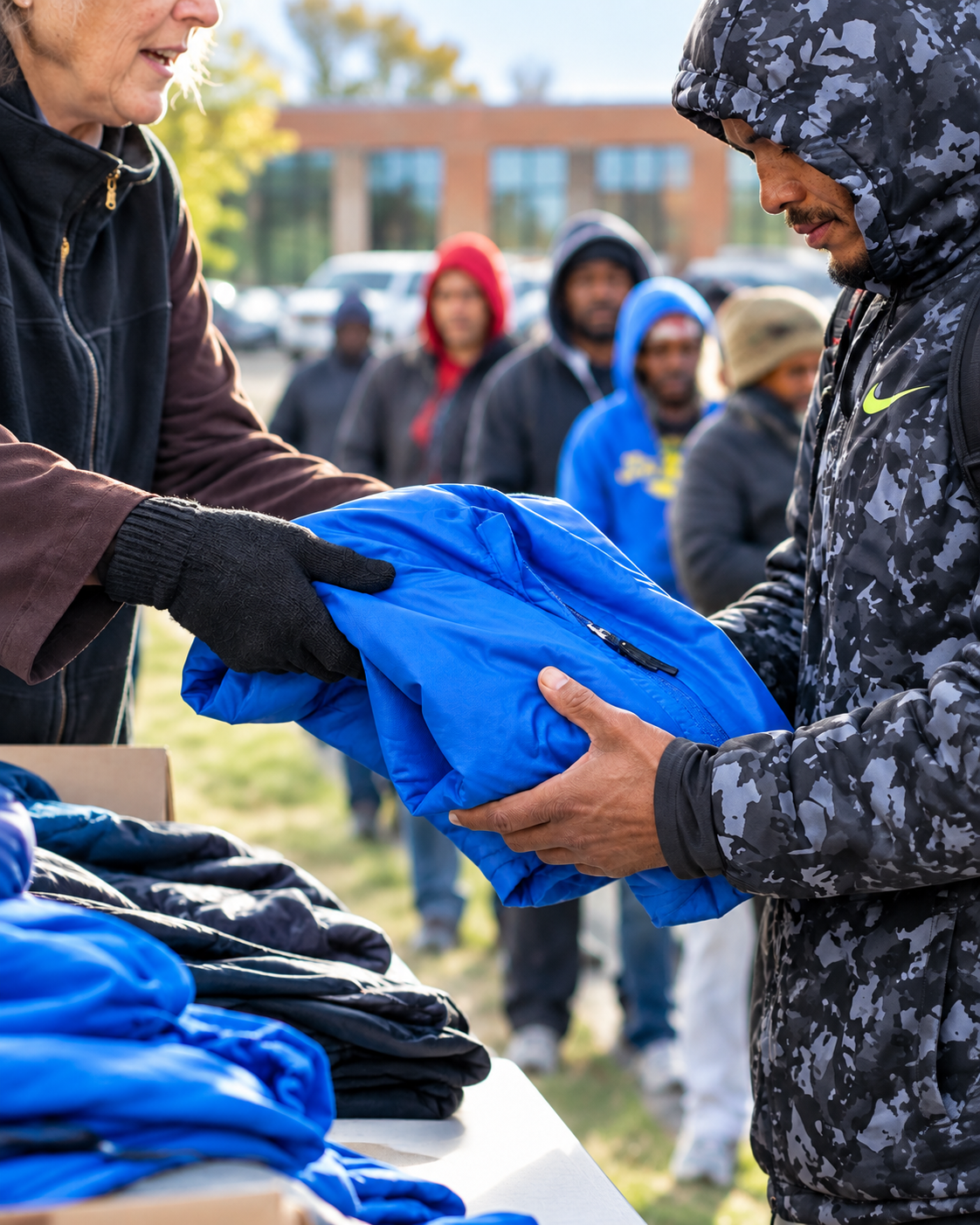 A volunteer hands a blue jacket to a man in a line outdoors, with others waiting in the background on a chilly day.