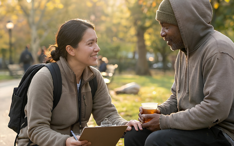 A woman with a clipboard smiles at a man holding a drink in a park, engaging in a warm conversation on a sunny day.