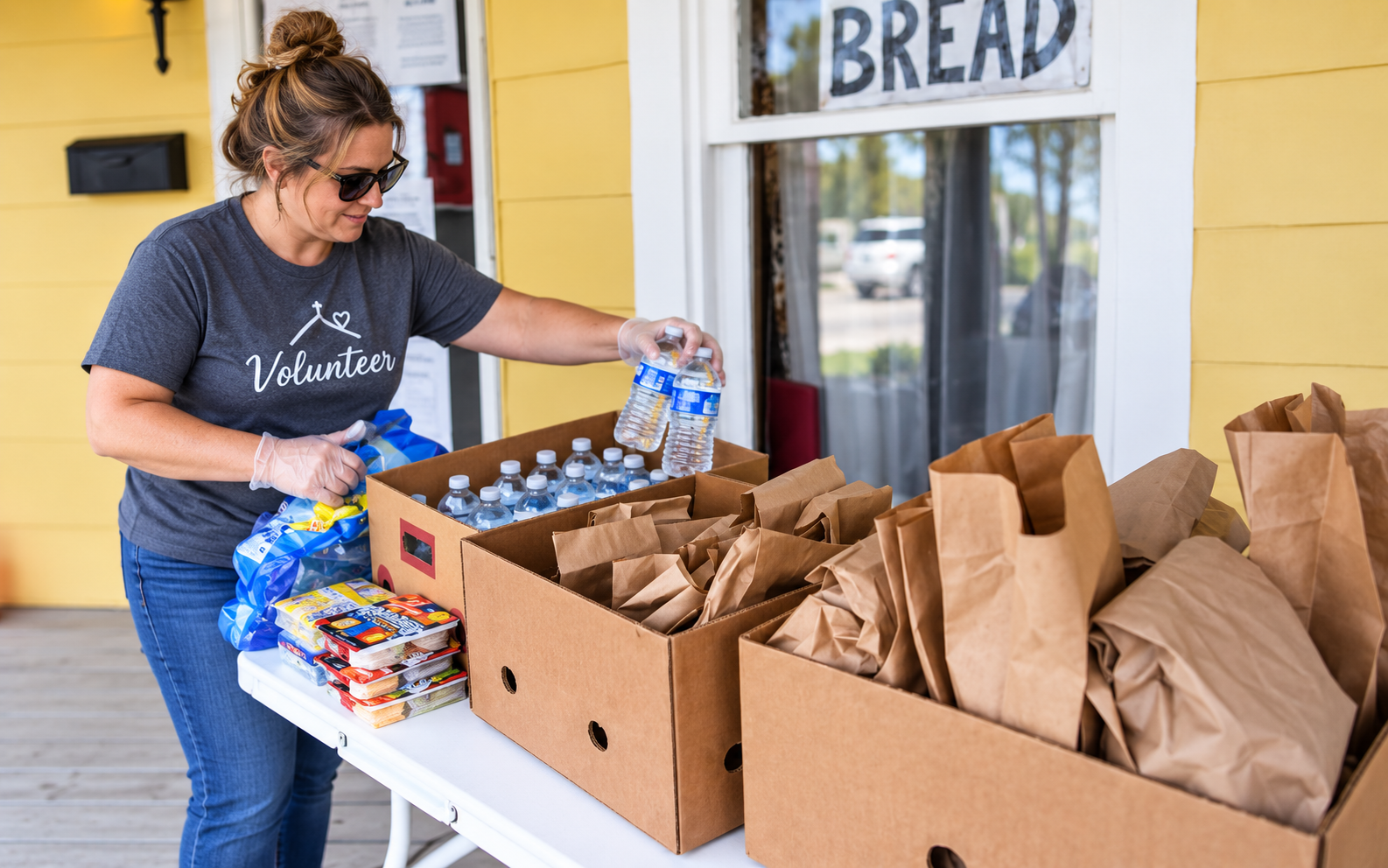 Volunteer in sunglasses organizes water bottles and brown bags on a table outside a yellow building with a "BREAD" sign.