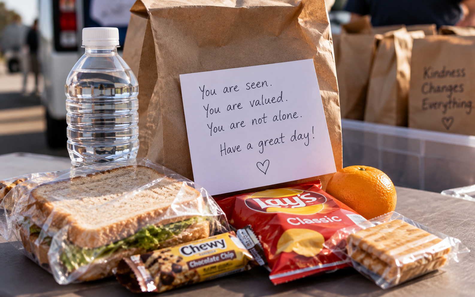 Lunch bag with sandwich, chips, water, and note saying, "You are seen. You are valued. You are not alone. Have a great day!