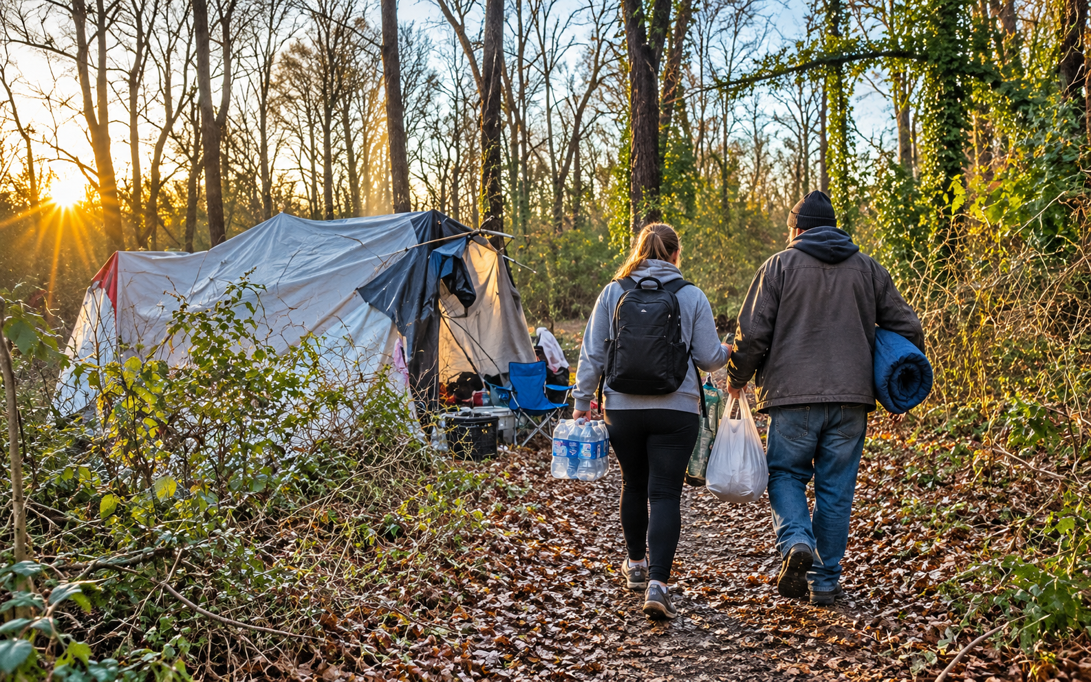 Two people walk through a forest carrying supplies towards a tent at sunset, surrounded by trees and fallen leaves.
