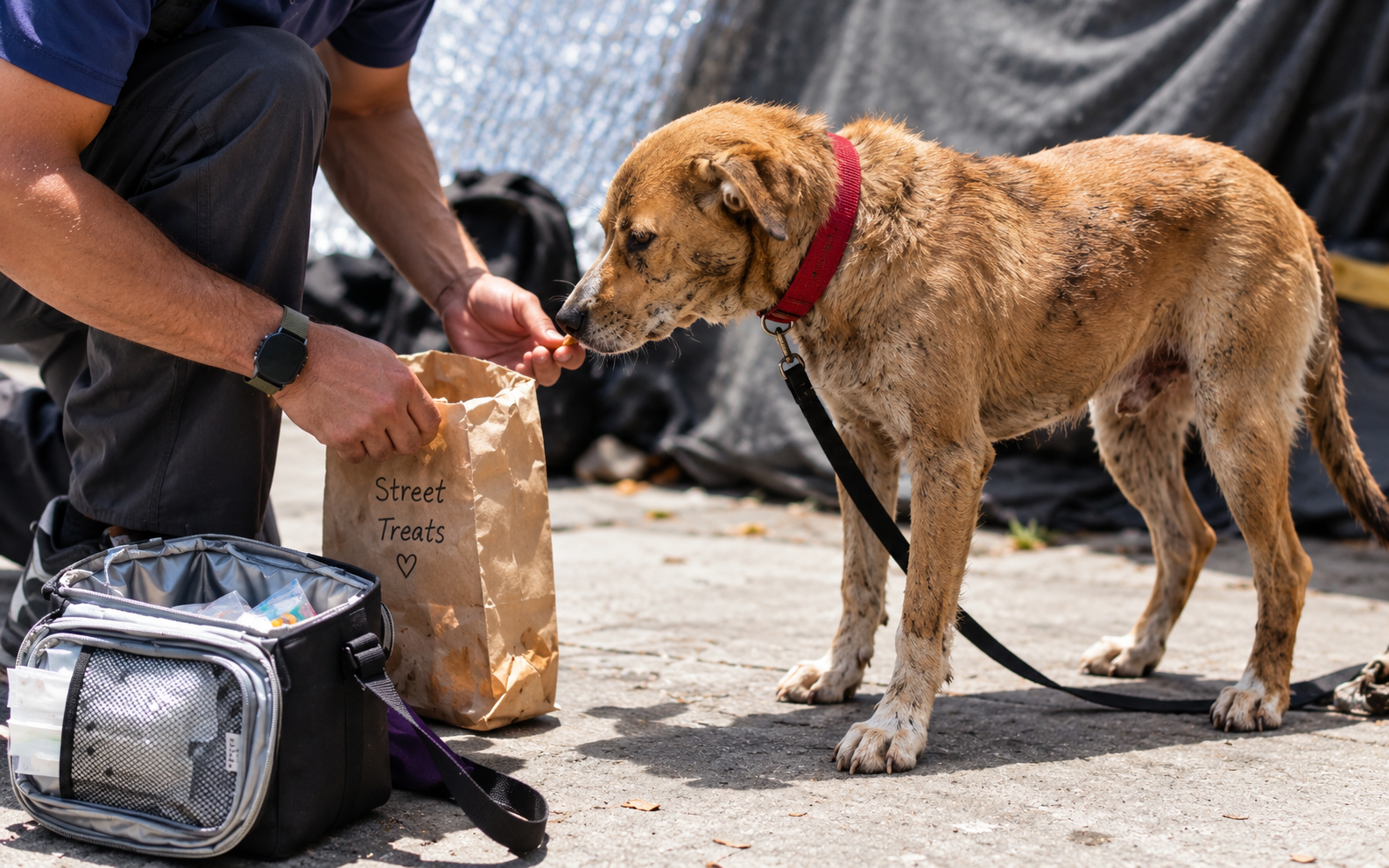 Person feeding a brown dog beside a backpack on a sidewalk