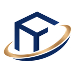 Blue geometric logo with a gold and navy swoosh on a white background