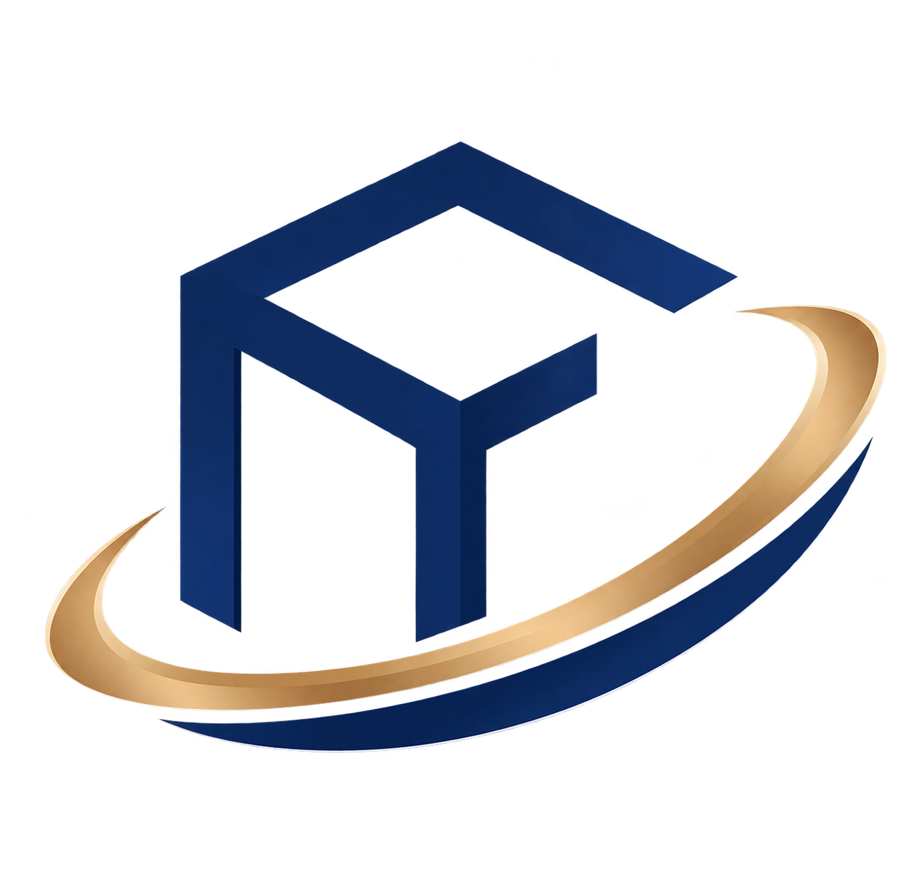 Blue geometric cube logo with a gold swoosh on a white background