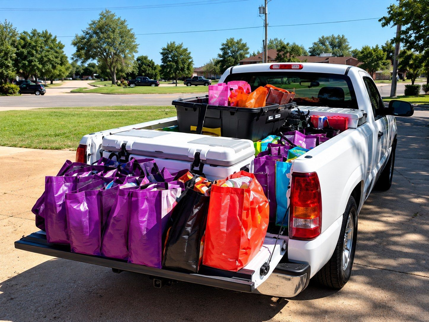 Pickup truck bed packed with tote bags of food and supplies ready for a street outreach run