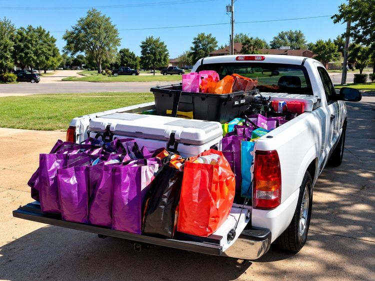 White pickup truck loaded with bags of food, clothing, and supplies for a John's Dignity outreach run in Oklahoma City