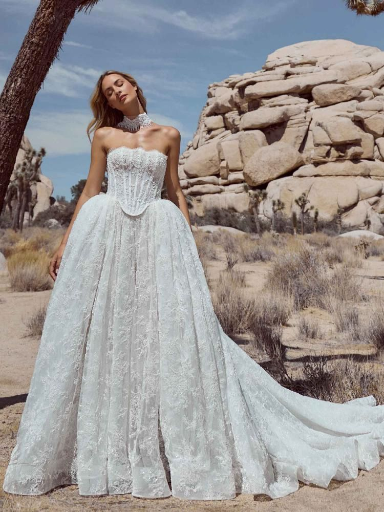 Woman in white strapless wedding gown with long train, posing in a desert landscape.