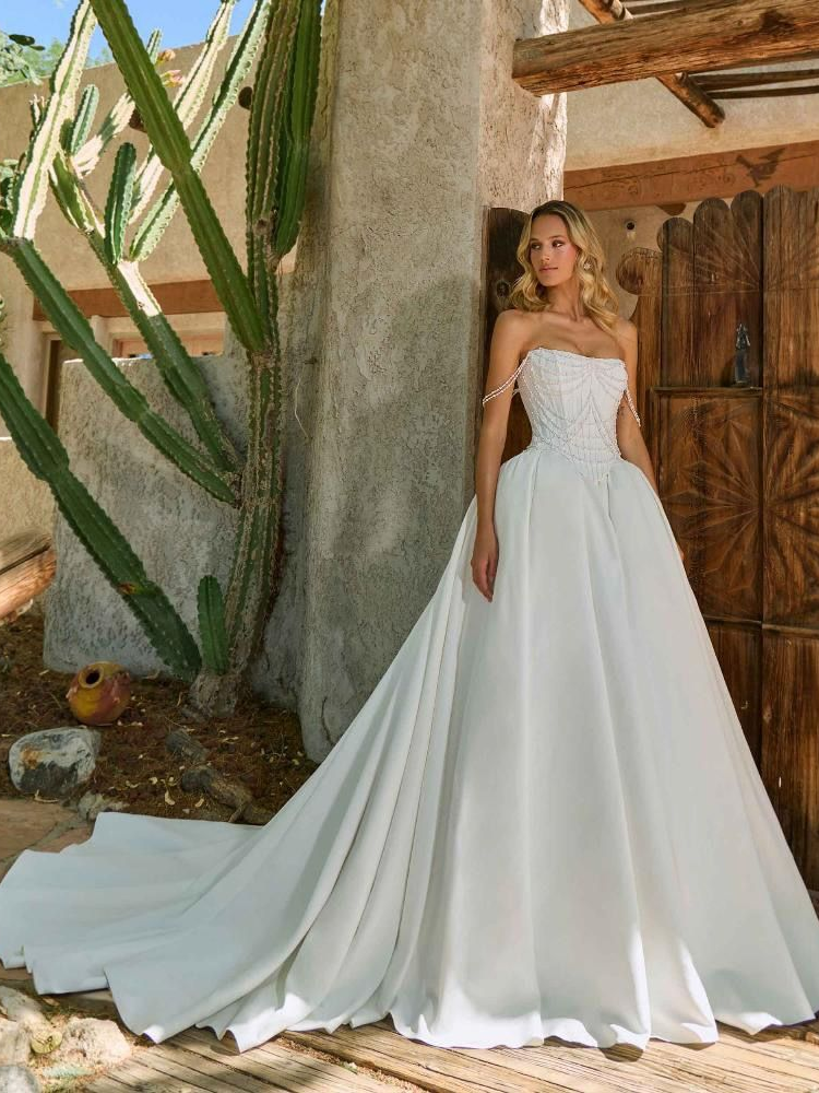 Woman in strapless white wedding dress with long train, standing near a cactus and wooden door.