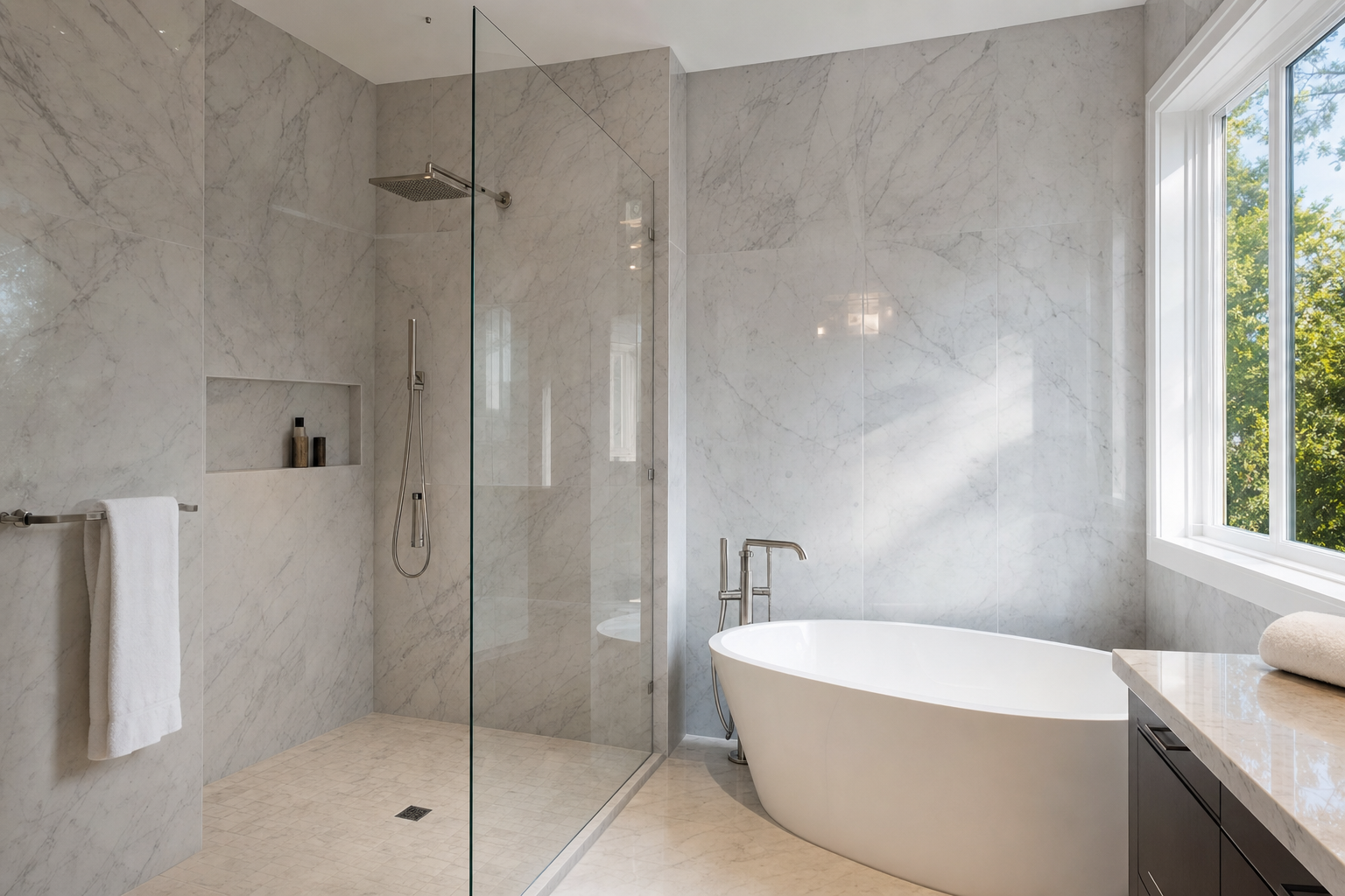 Modern marble bathroom with glass shower, freestanding tub, and window light