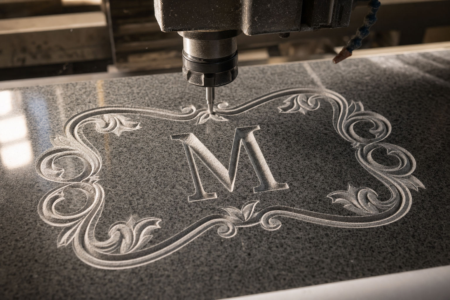 CNC machine carving an ornate monogram “M” into a dark stone plaque