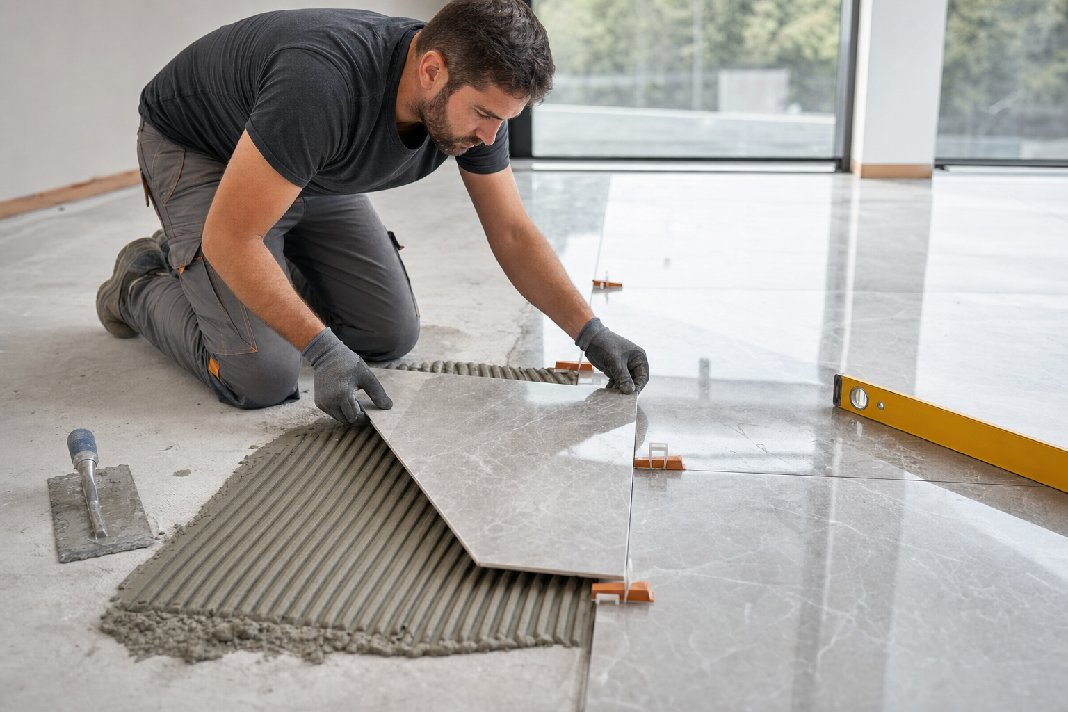 Worker kneeling on tile floor, spreading adhesive and placing a large tile in a bright room.