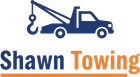 Blue tow truck icon with "Shawn Towing" text in blue and orange.