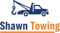 Blue tow truck icon with "Shawn Towing" text in blue and orange.