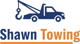 Blue tow truck icon with "Shawn Towing" text in blue and orange.