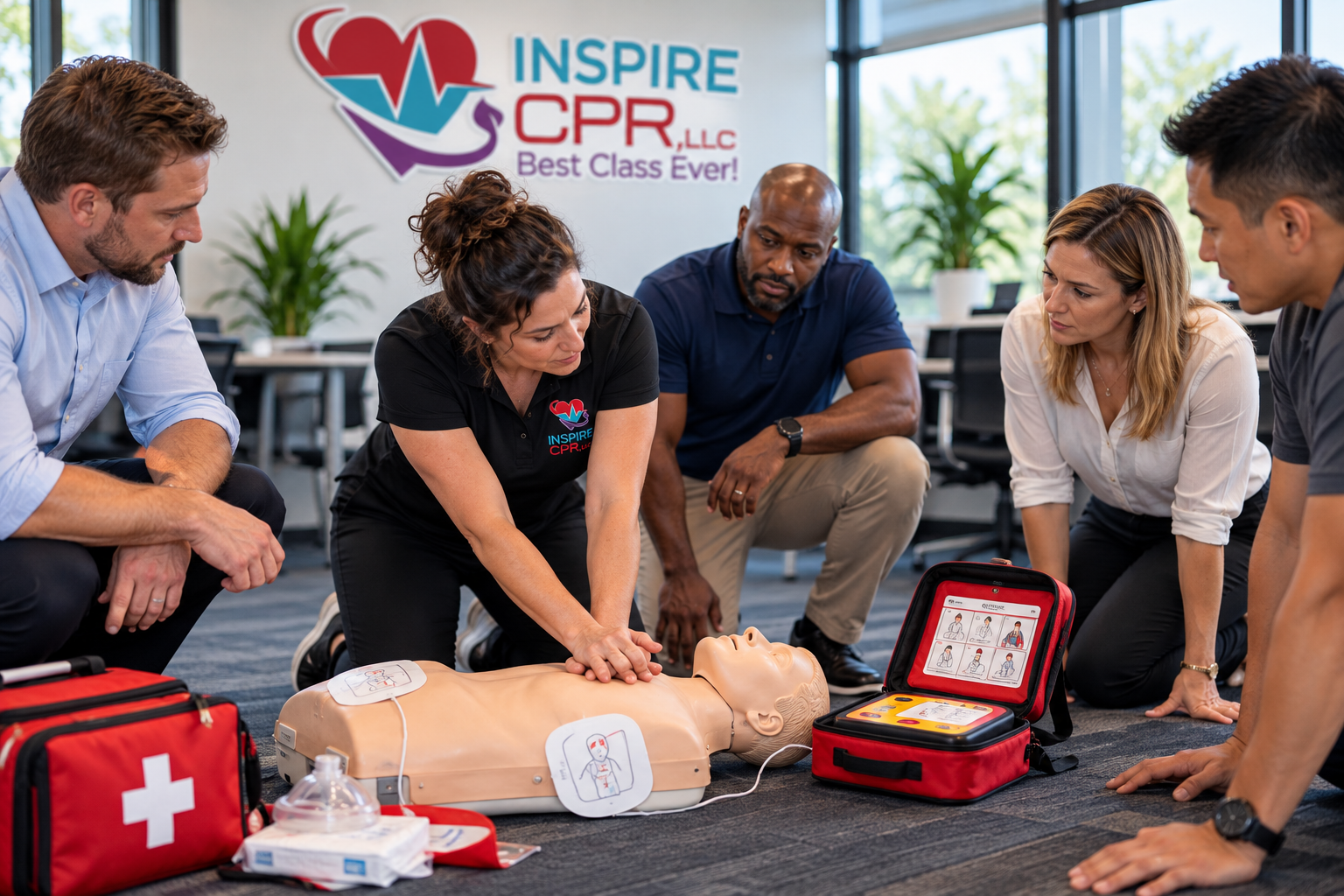 People practicing CPR on a training mannequin beside a first aid kit and AED trainer