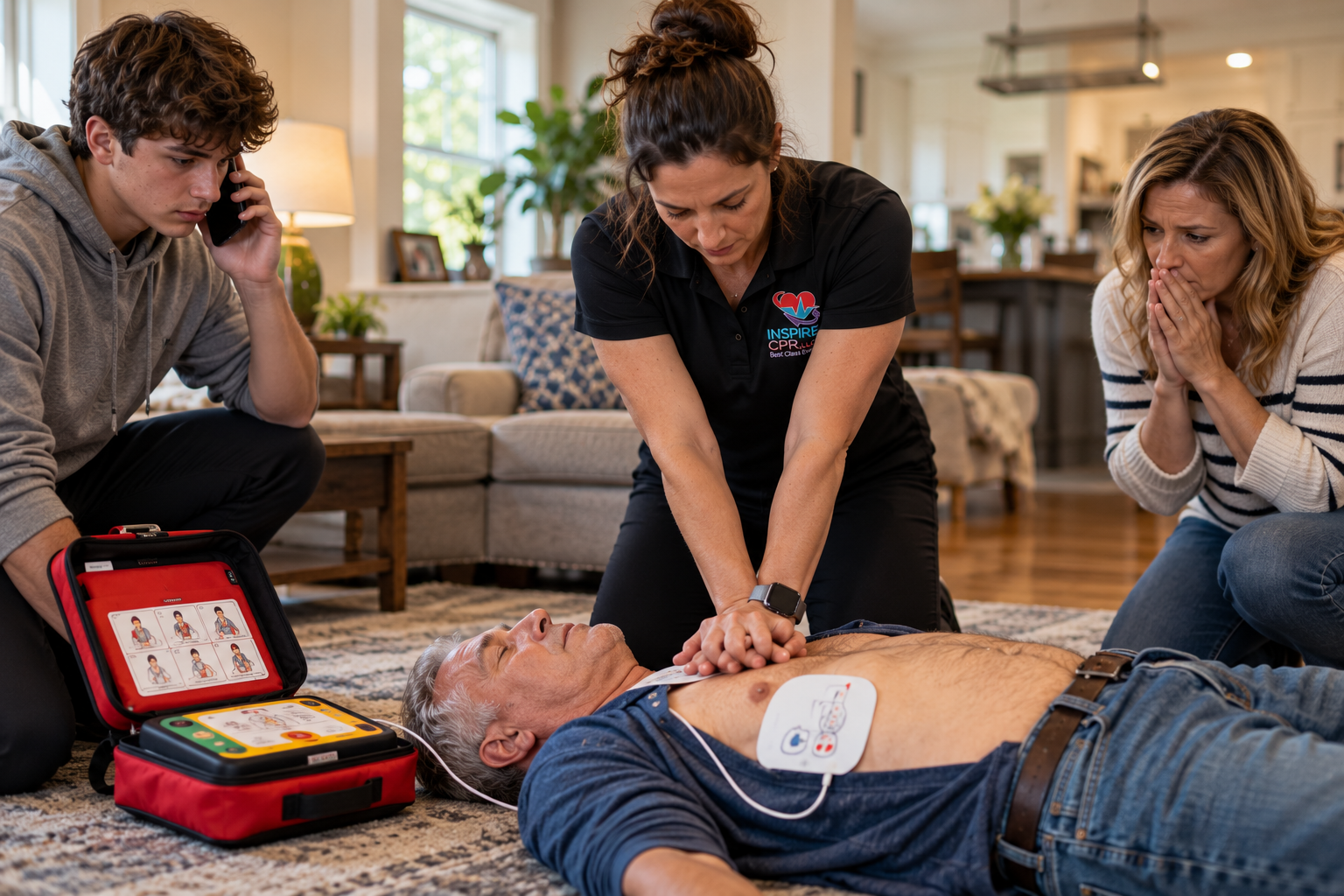 CPR training scene with two people assisting a man on the floor and an open AED kit nearby