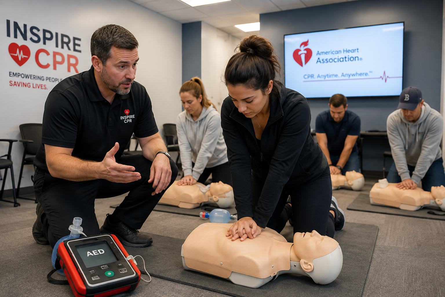 CPR training class with instructor and students practicing chest compressions on manikins in a room with a screen
