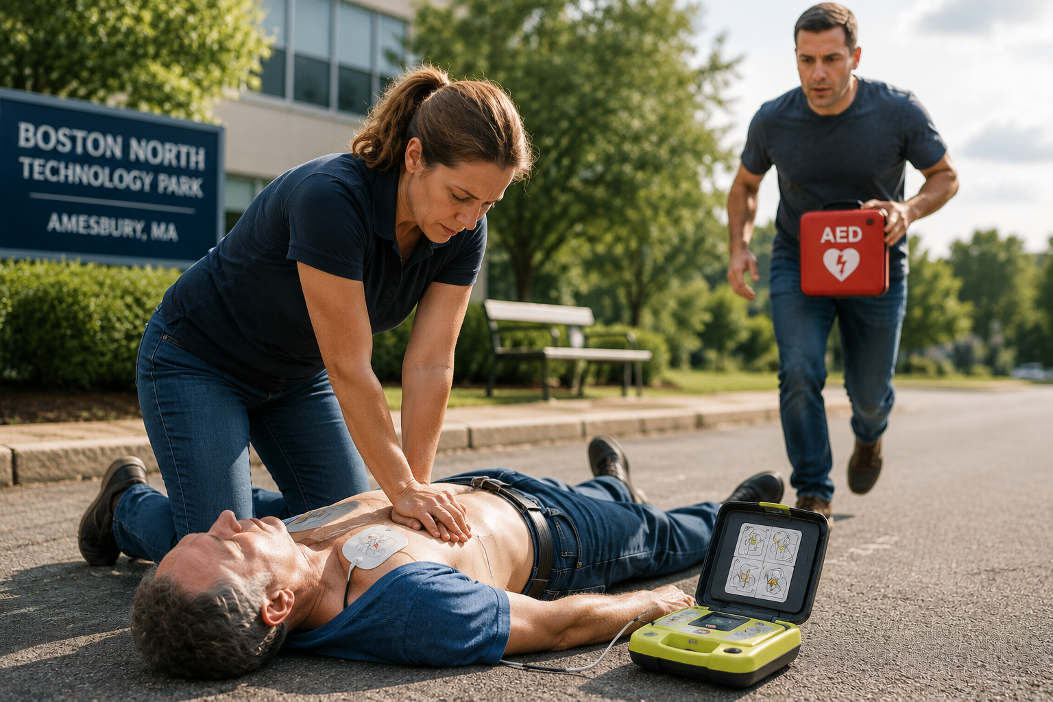 Man performing CPR on man beside AED at Boston North Technology Park while another man runs over with first aid kit