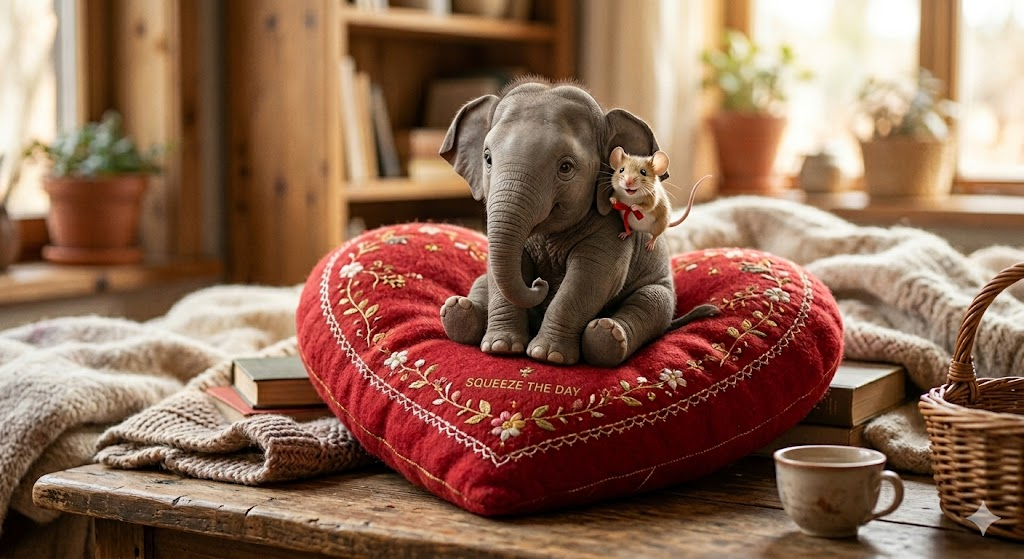 Small gray elephant figurine on a red heart cushion in a cozy room with books and woven baskets