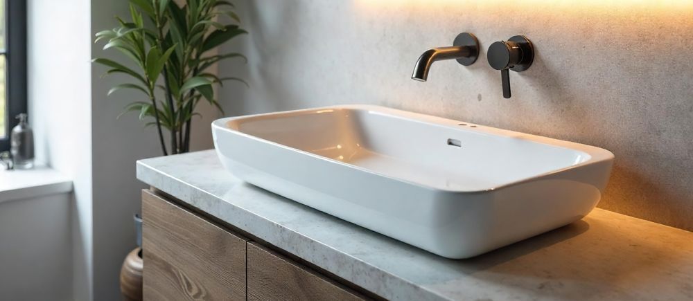 Bathroom sink with a white rectangular basin and black faucet.