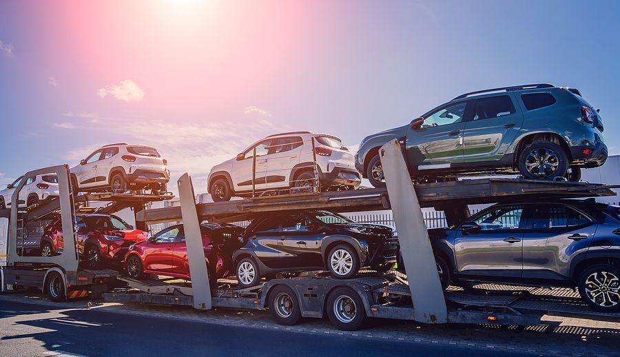 A row of cars are sitting on top of each other on a trailer.