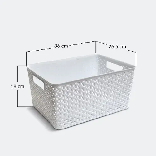 Cesta de almacenamiento de plástico blanco con asas, etiquetada con 36 cm de ancho, 26,5 cm de profundidad y 18 cm de alto.