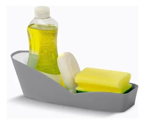 Cesta para lavar platos con botella de jabón amarilla, esponja y cepillo.
