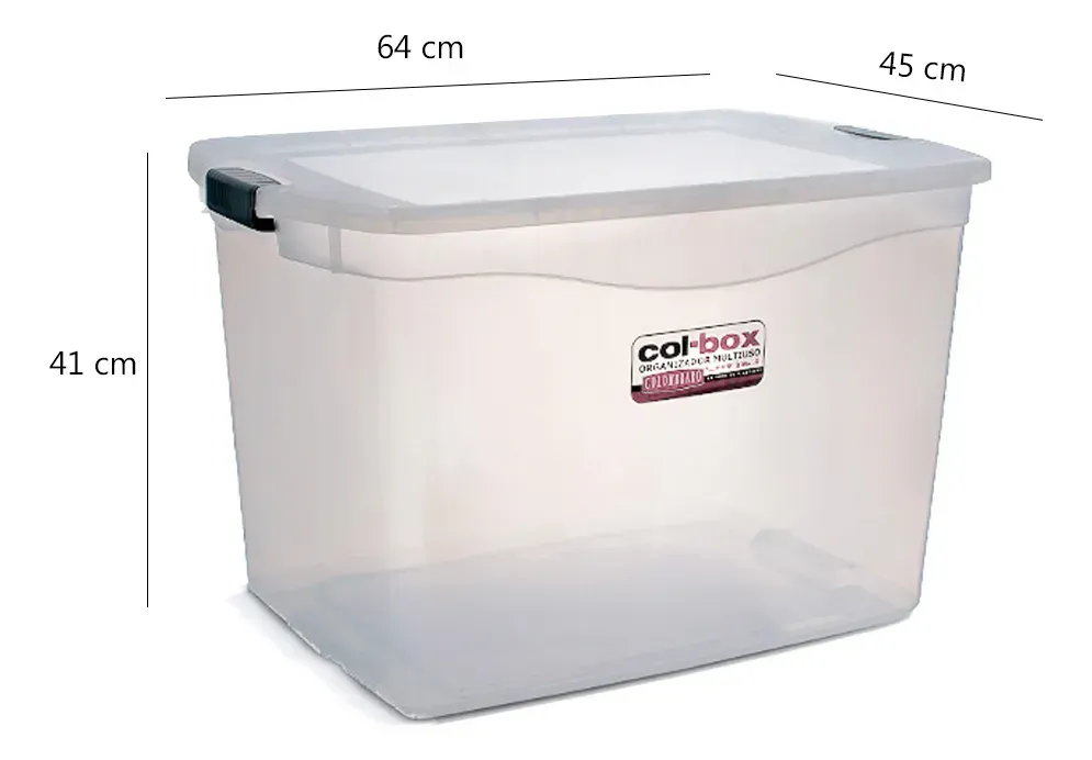 Contenedor de almacenamiento de plástico transparente con tapa gris, etiquetado con 64 cm de ancho, 45 cm de profundidad y 41 cm de alto.