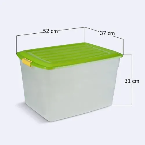 Contenedor de almacenamiento de plástico blanco con tapa verde, dimensiones indicadas: 52 cm x 37 cm x 31 cm.