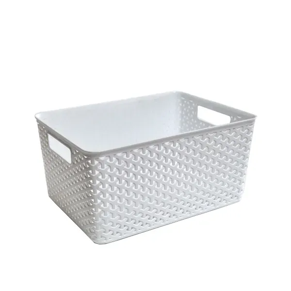 Cesta de almacenamiento de plástico blanco con asas, etiquetada con 36 cm de ancho, 26,5 cm de profundidad y 18 cm de alto.