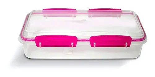 Recipiente de almacenamiento de plástico transparente con tapas y asas de color rosa brillante con cierre.