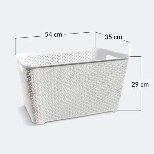Cesta de almacenamiento de plástico tejido blanco con dimensiones indicadas de 54 cm x 35 cm x 29 cm.