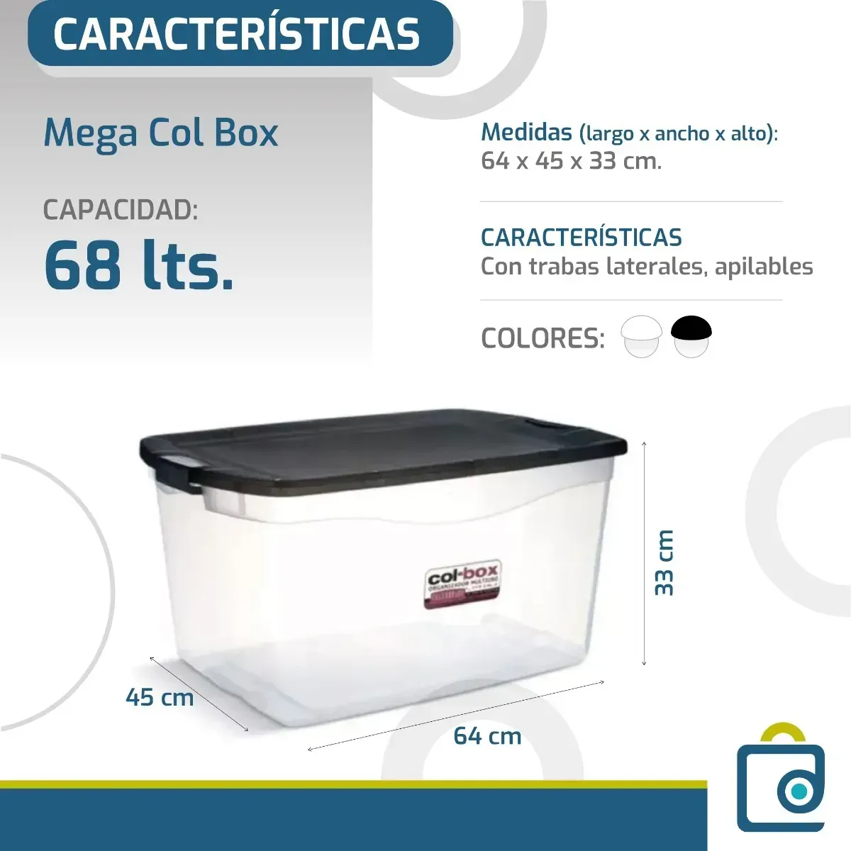 Contenedor de almacenamiento de plástico transparente con tapa y asa grises, etiquetado como “col-box”.