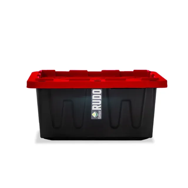Contenedor de almacenamiento negro con tapa roja y etiqueta KRUID sobre fondo blanco.