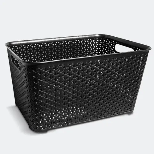 Cesta de almacenamiento de plástico tejido blanco con dimensiones indicadas de 54 cm x 35 cm x 29 cm.