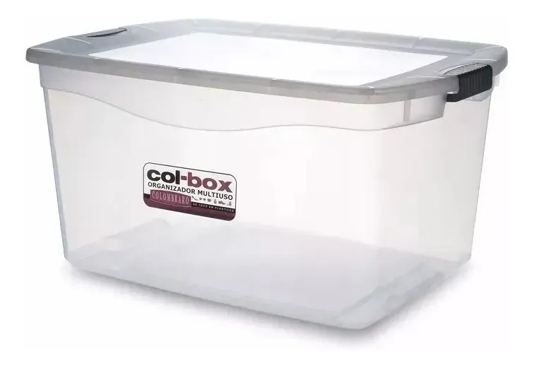 Contenedor de almacenamiento de plástico transparente con tapa y asa grises, etiquetado como “col-box”.