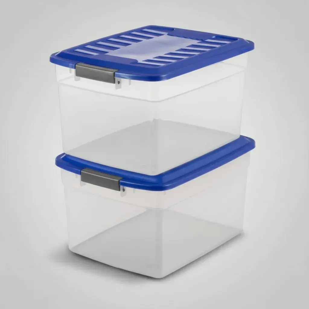Dos contenedores de almacenamiento de plástico transparente con tapas azules, apilados verticalmente sobre un fondo liso.