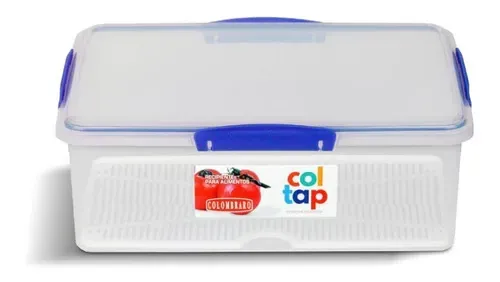 Recipiente de plástico blanco para almacenar alimentos con tapa azul y etiqueta roja de Coltap.