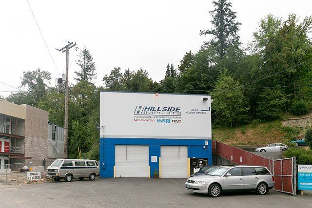 A white and blue commercial building, 