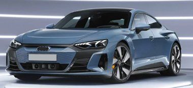 Blue Audi e-tron GT electric car, angled view, against a backdrop of horizontal lines.